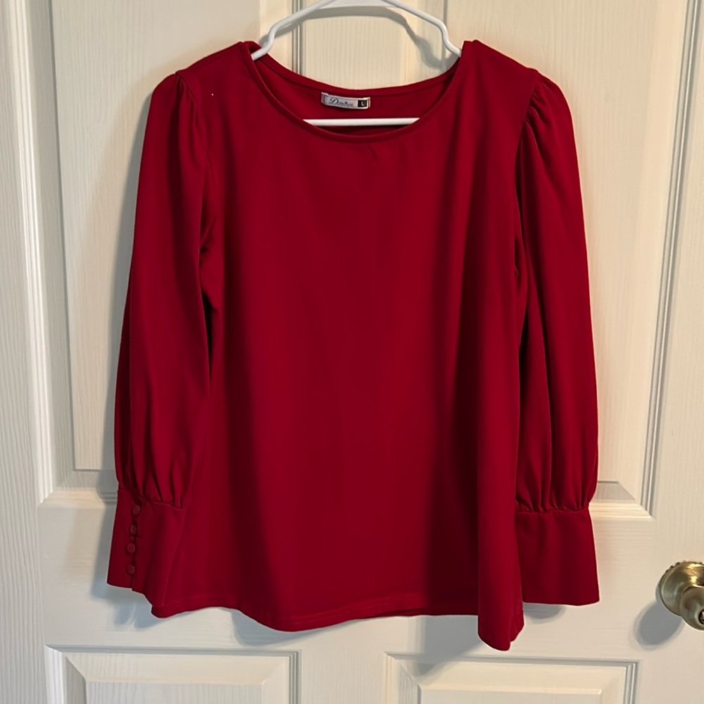 Holiday red, dressy or casual, long sleeved knit top, size L.